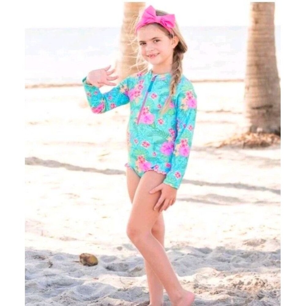Ruffle Butts Orchid Oasis One Piece Rashguard Swimsuit Girl Size 5 Blue Hibiscus